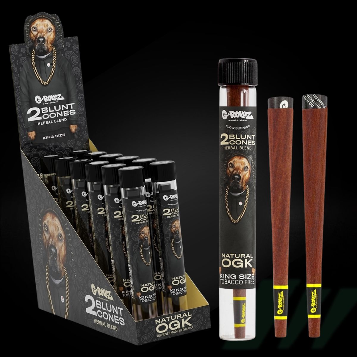 G-Rollz x The Dog - Blunt Cones - Natural OGK - Terpene Infused - 2x King Size Blunt Cones