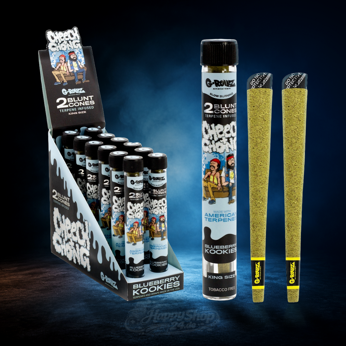 G-Rollz x Cheech & Chong Blueberry Kookies Blunt Cones Display
