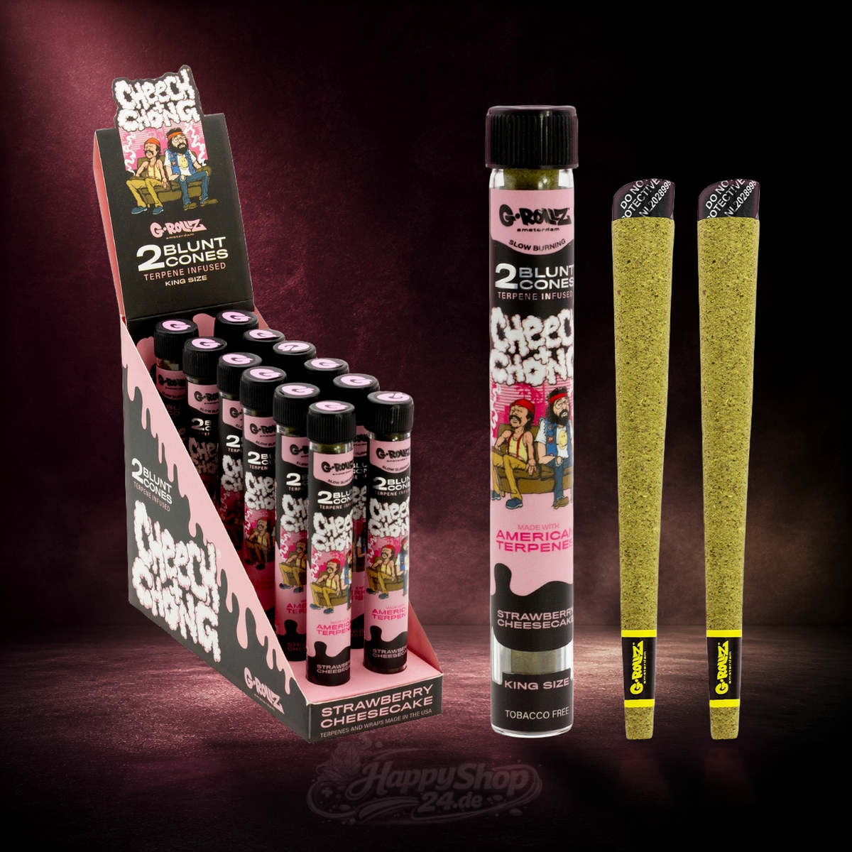 G-Rollz x Cheech & Chong Strawberry Cheesecake Blunt Cones Display