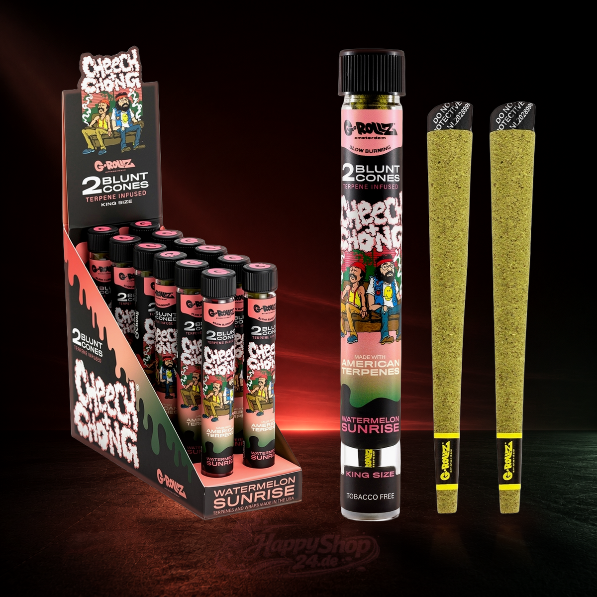 G-Rollz x Cheech & Chong Watermelon Sunrise Blunt Cones Display